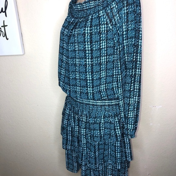 Michael Michael Kors Dress Houndstooth Teal Black & White Ruffle Dress Size L - Picture 2 of 8